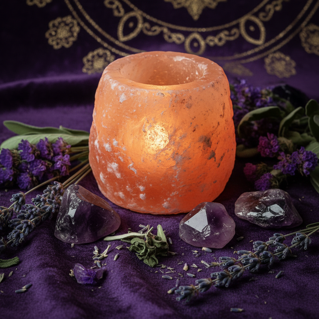 Himalayan salt tealight holder glowing with candlelight surrounded by crystals